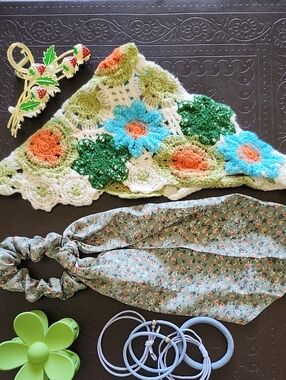 Handmade Crocheted Triangular Headscarf with Green, Blue & Orange Floral Accents